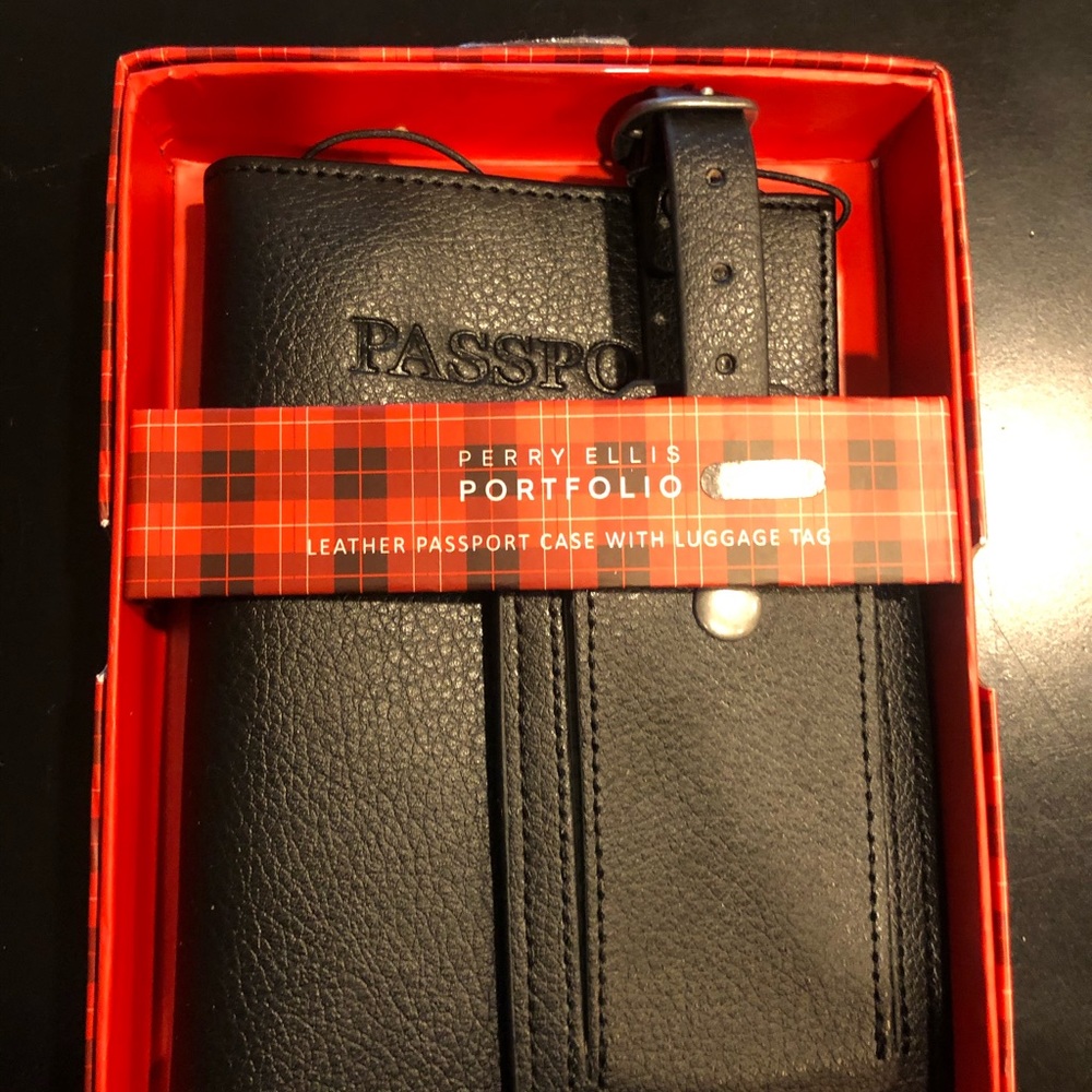 Leather passport case with luggage tag